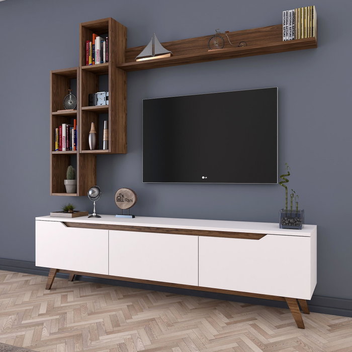 Hanah Home M16 - 804 Mueble de TV Blanco y Nogal con Estantes Hanah Home M16 - 804 Mueble de TV Blanco y Nogal con Estantes